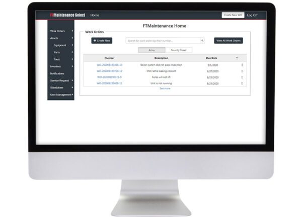 Computer displaying the all-new FTMaintenance Select computerized maintenance management system interface.